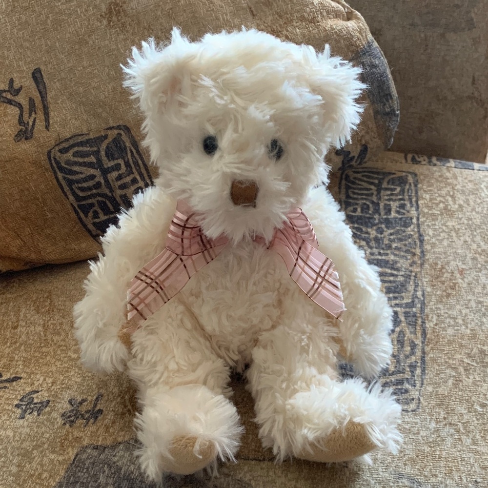 Douglas vintage Plush White Teddy Bear with Pink Ribbon - Kids Toy
